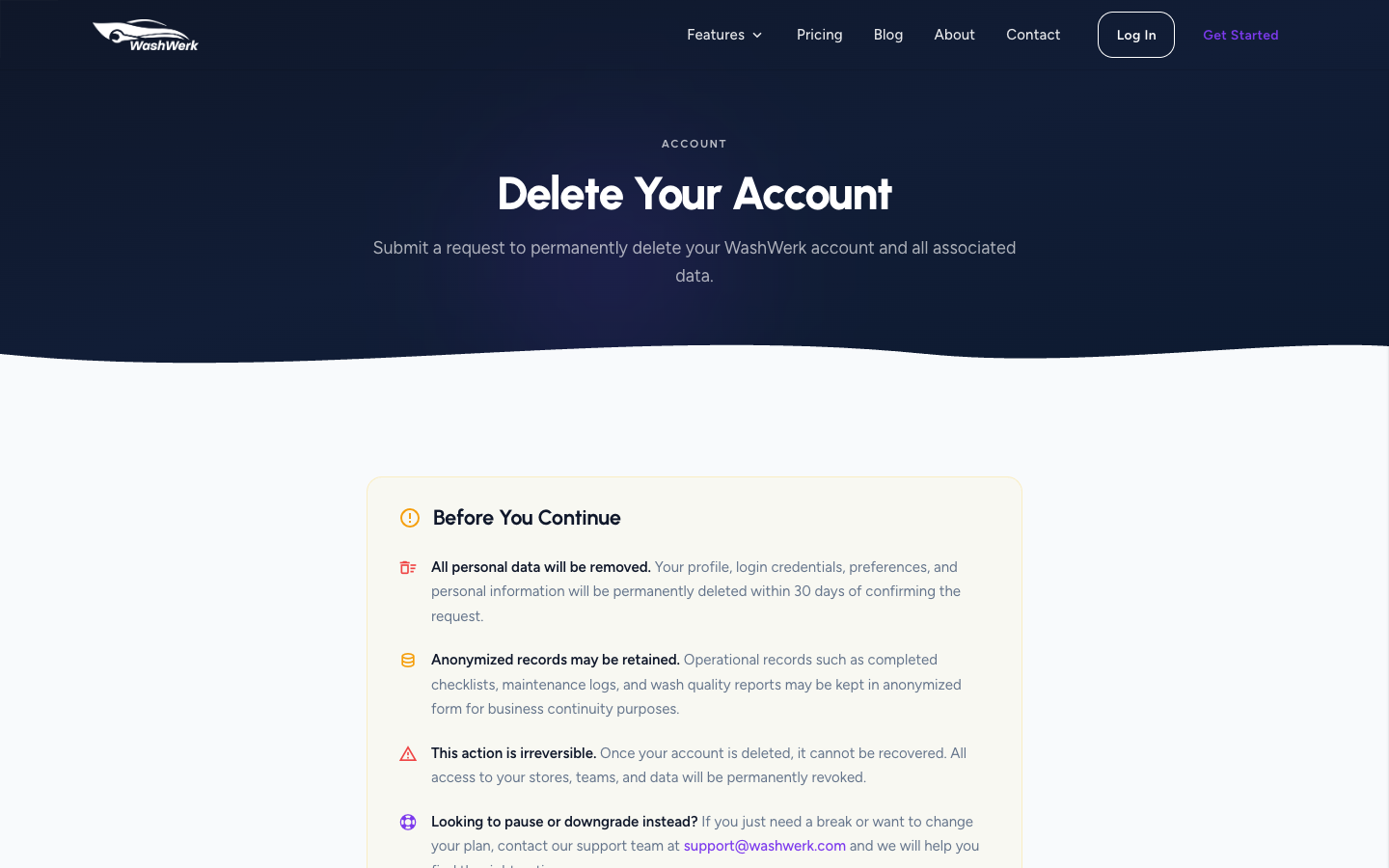 Public account-deletion request form with the confirmation checkbox