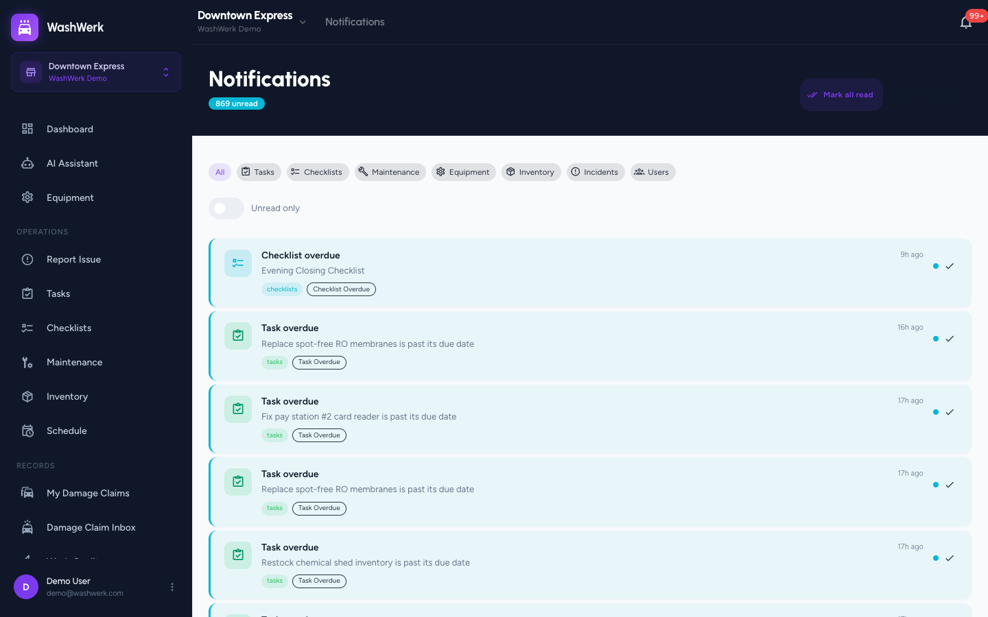 Notifications feed with module filter chips and the unread-only switch