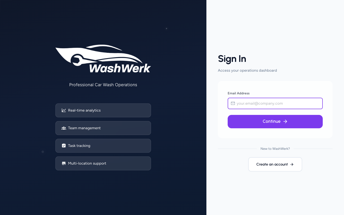 Email-first sign-in screen with the Continue button