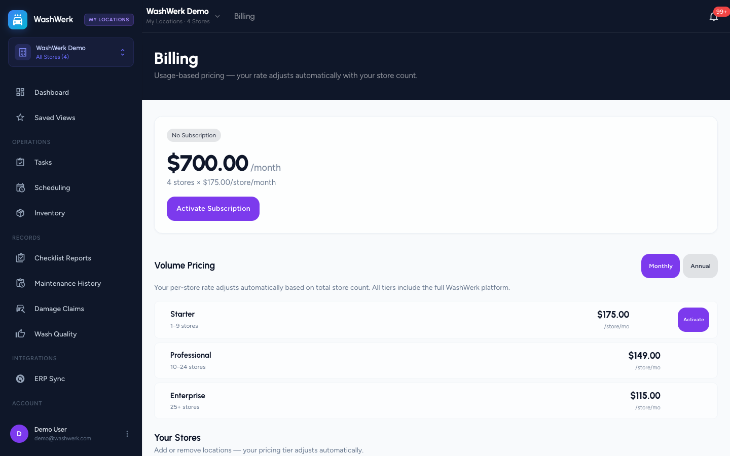 Store roster panel with Add Store and per-store Remove controls