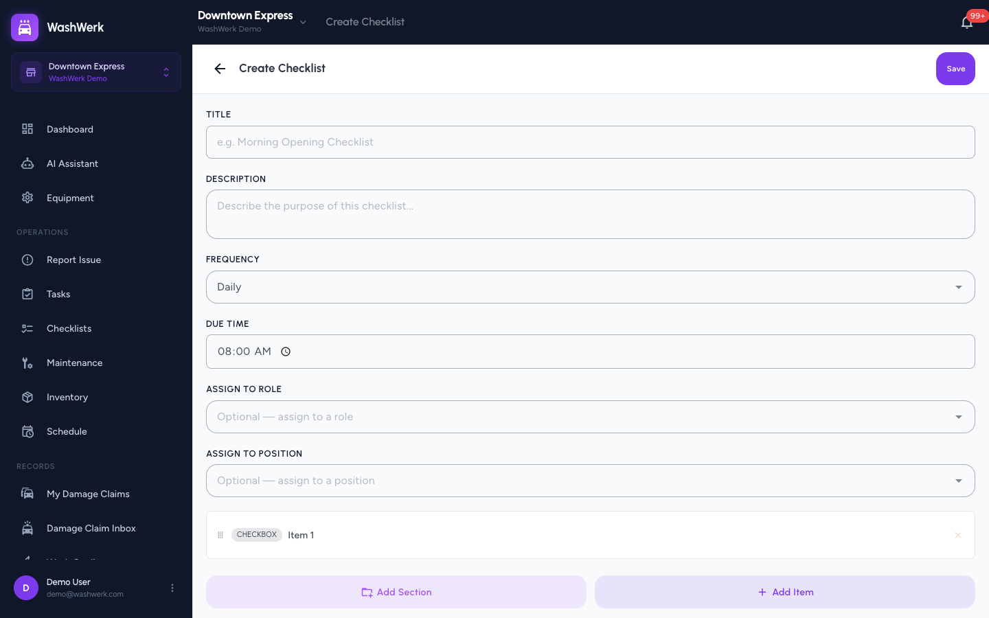 Checklist item config panel with acceptable range fields