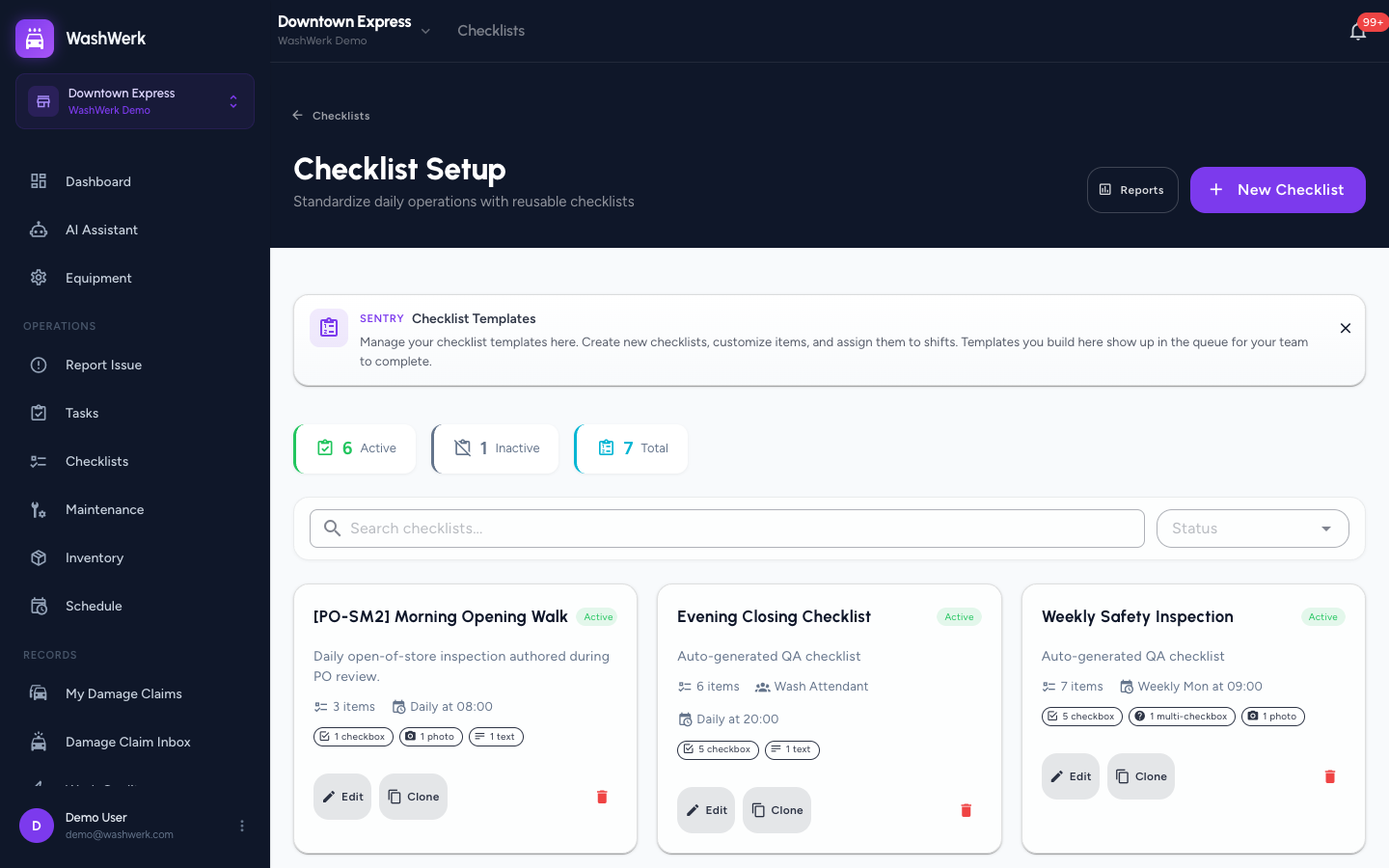 Checklist setup list with search and status filter