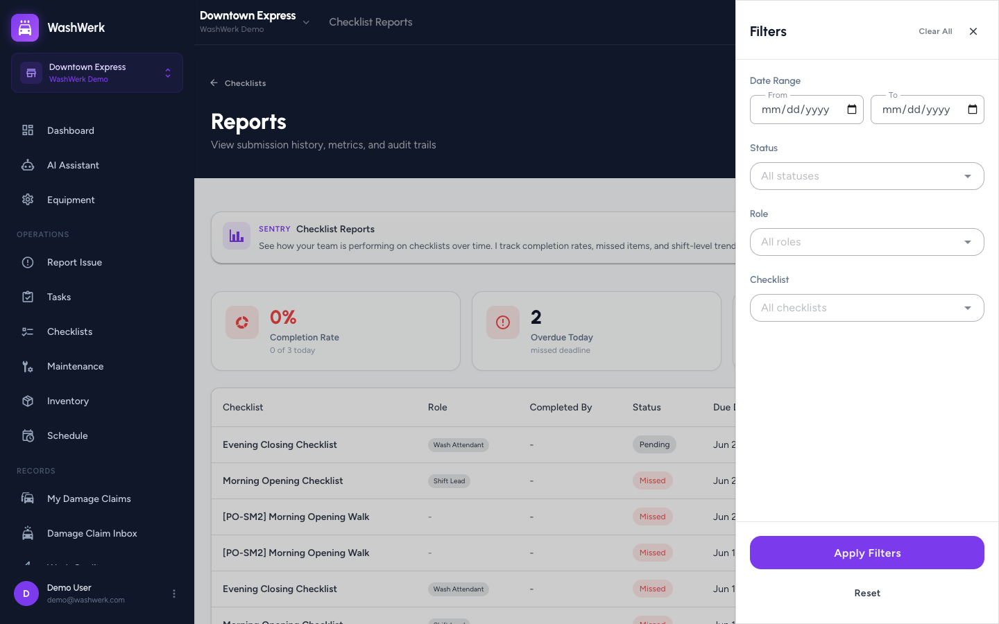 Checklist report filter panel with date, status, role, and checklist options