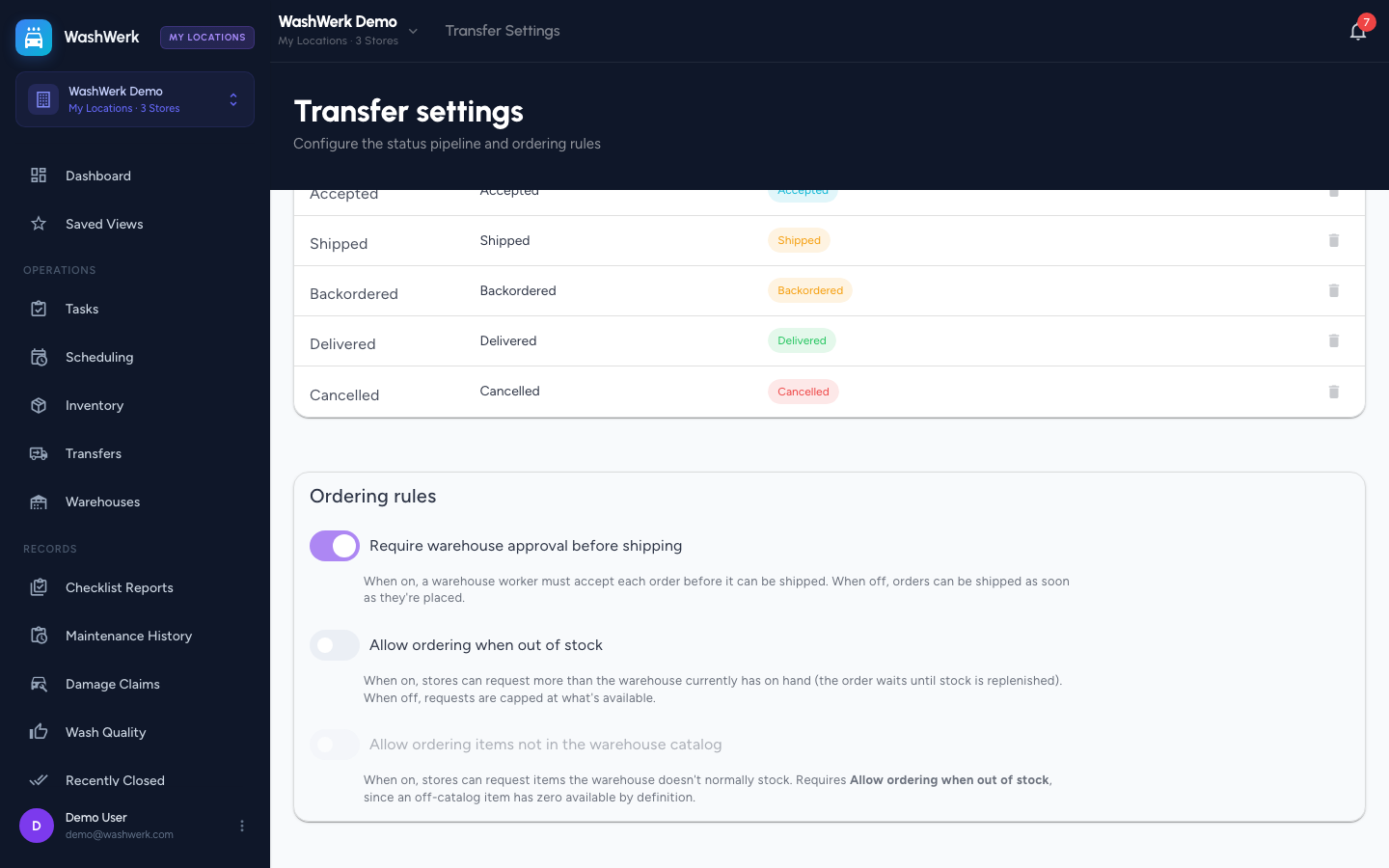 Ordering rules card with the three transfer switches