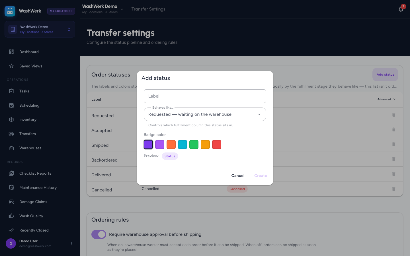 Add status dialog with the label, behaves-like, and badge colour fields