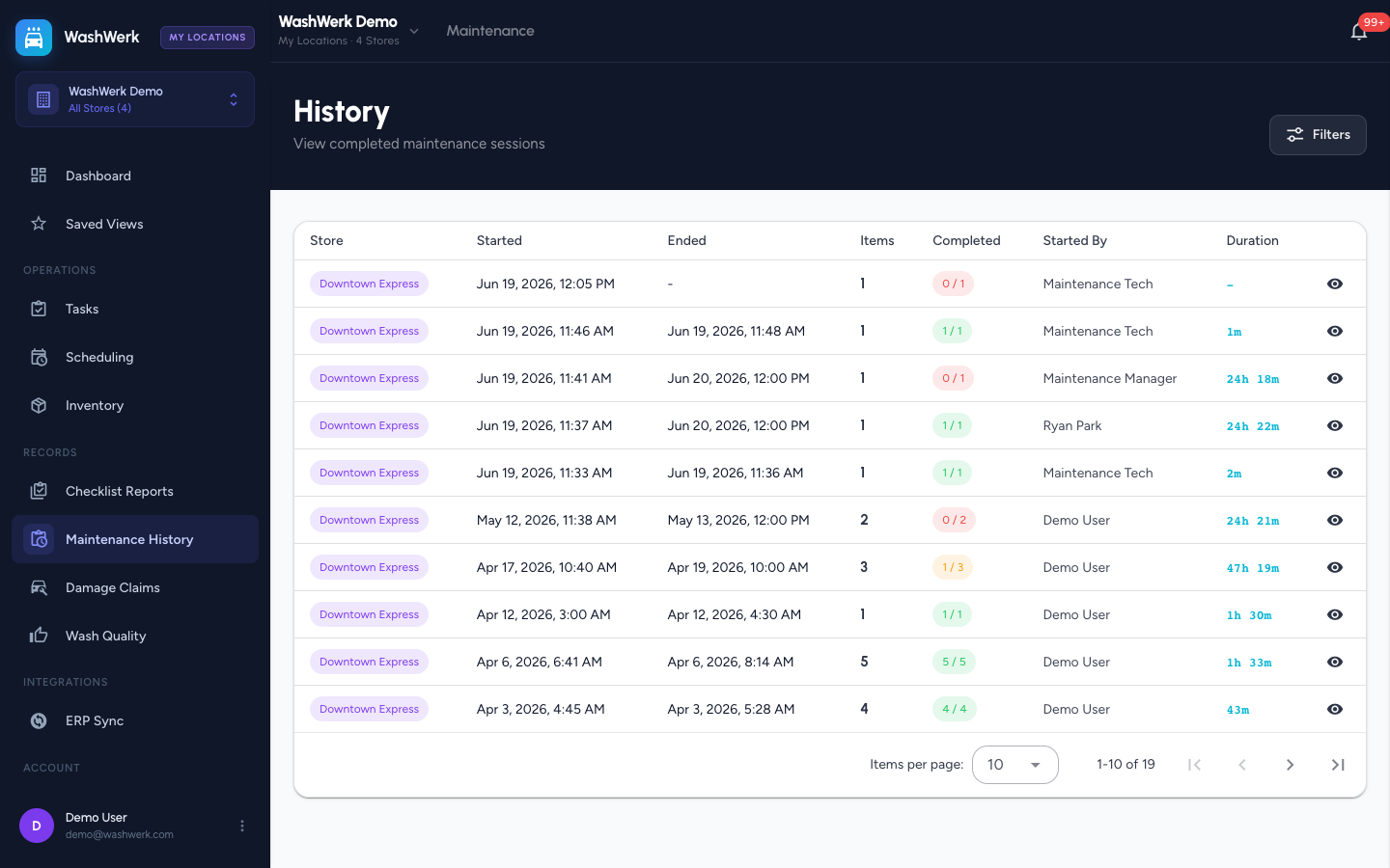 Cross-store maintenance session list with store column and completion counts