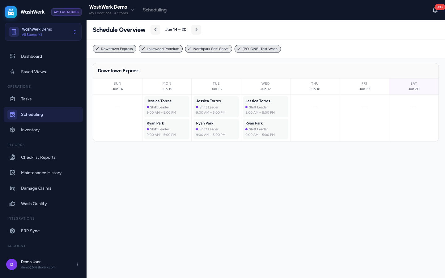 Corporate schedule overview with a weekly grid of published shifts per store