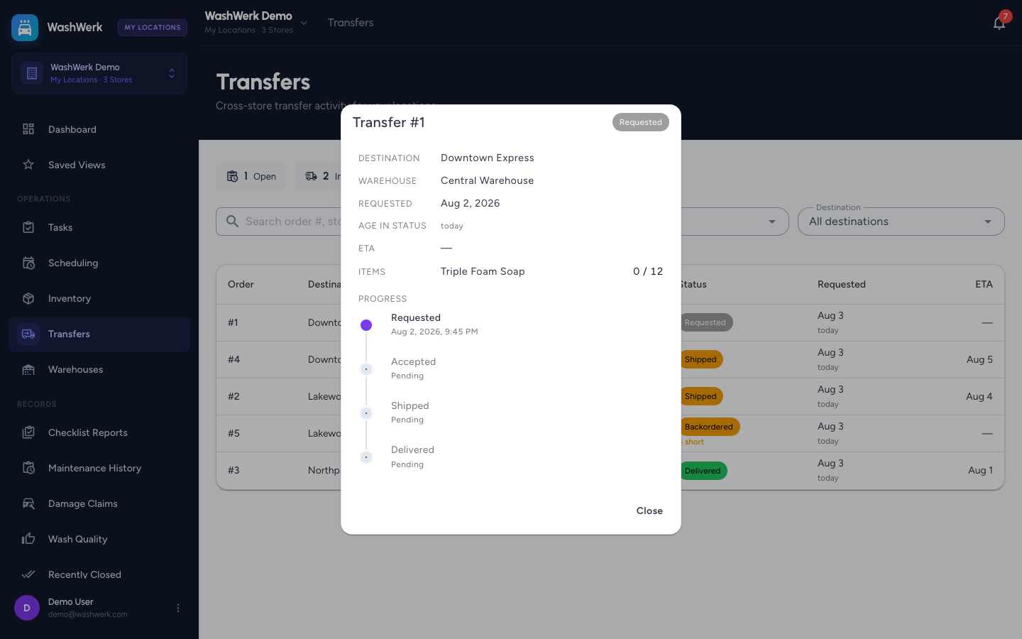 Read-only transfer detail drawer with the progress timeline