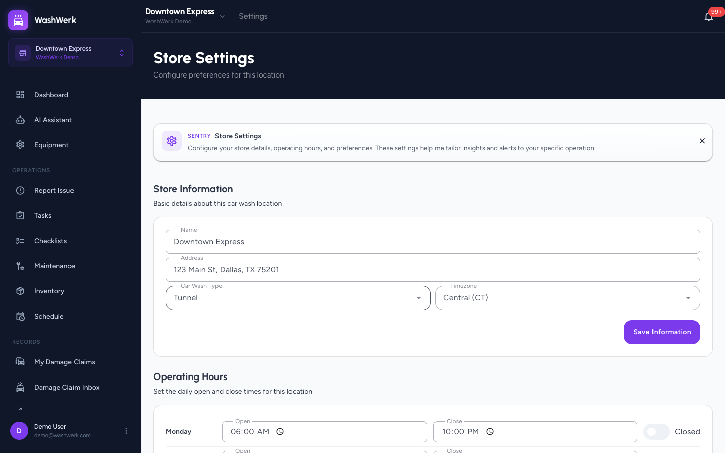 Store operating hours with per-day open and close times and a Closed toggle