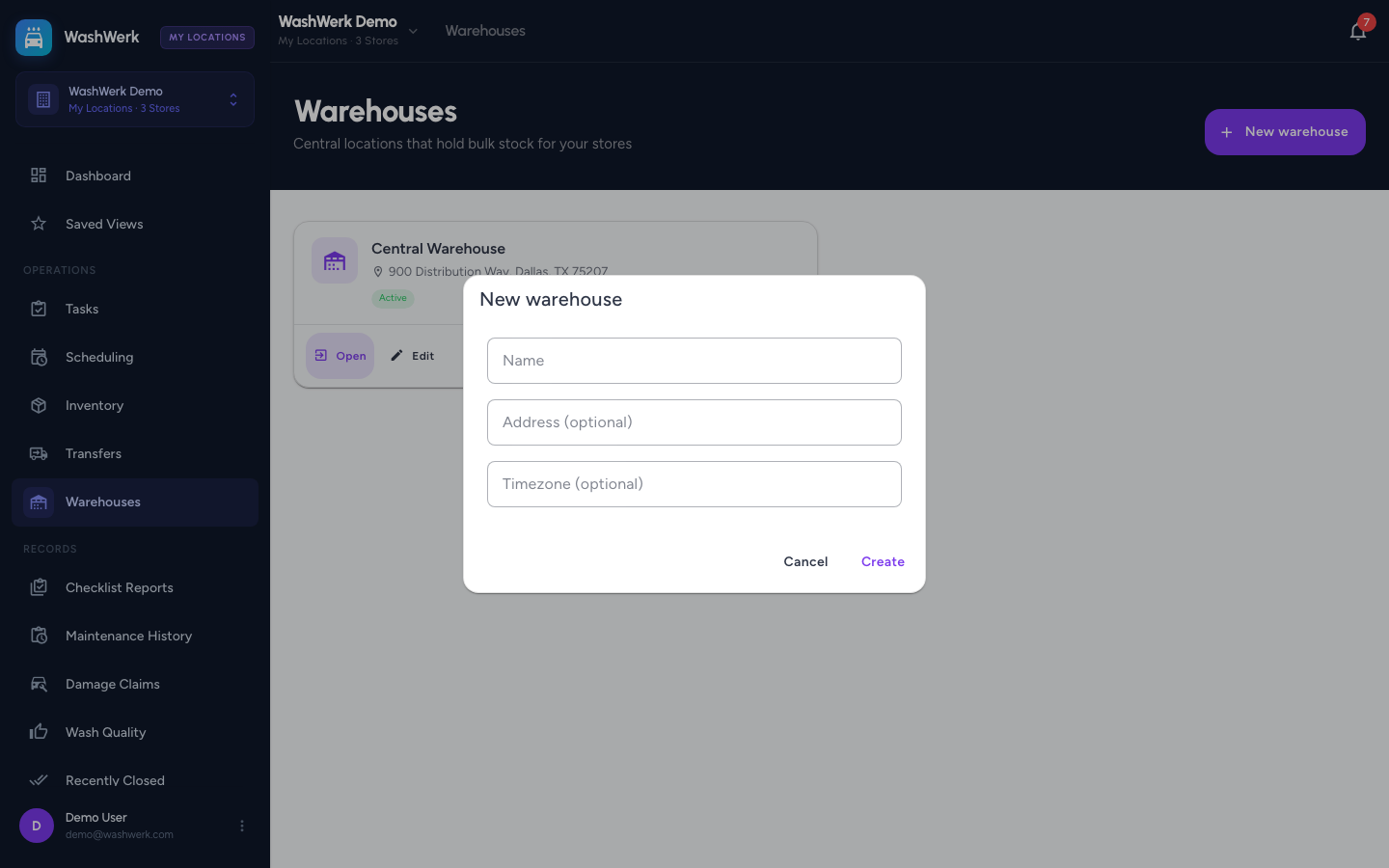 New warehouse dialog with name, address, and timezone fields