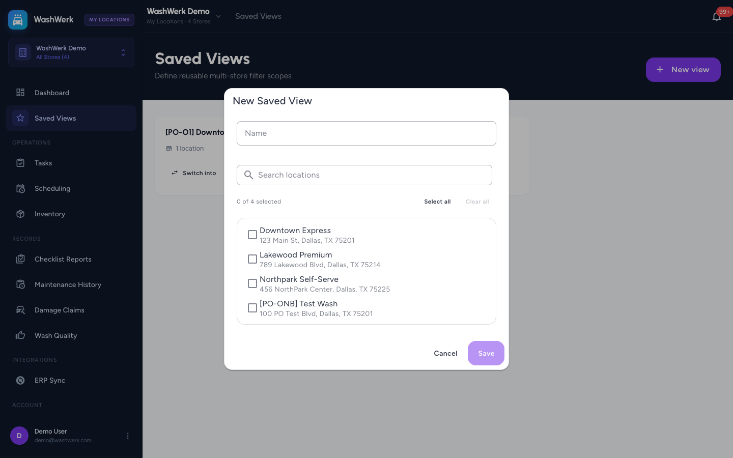 Saved View editor with name field and a checklist of stores to include