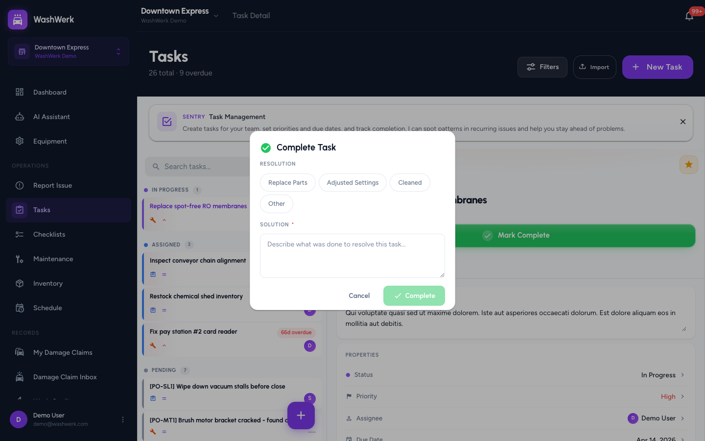 Complete Task dialog with resolution chips and solution notes