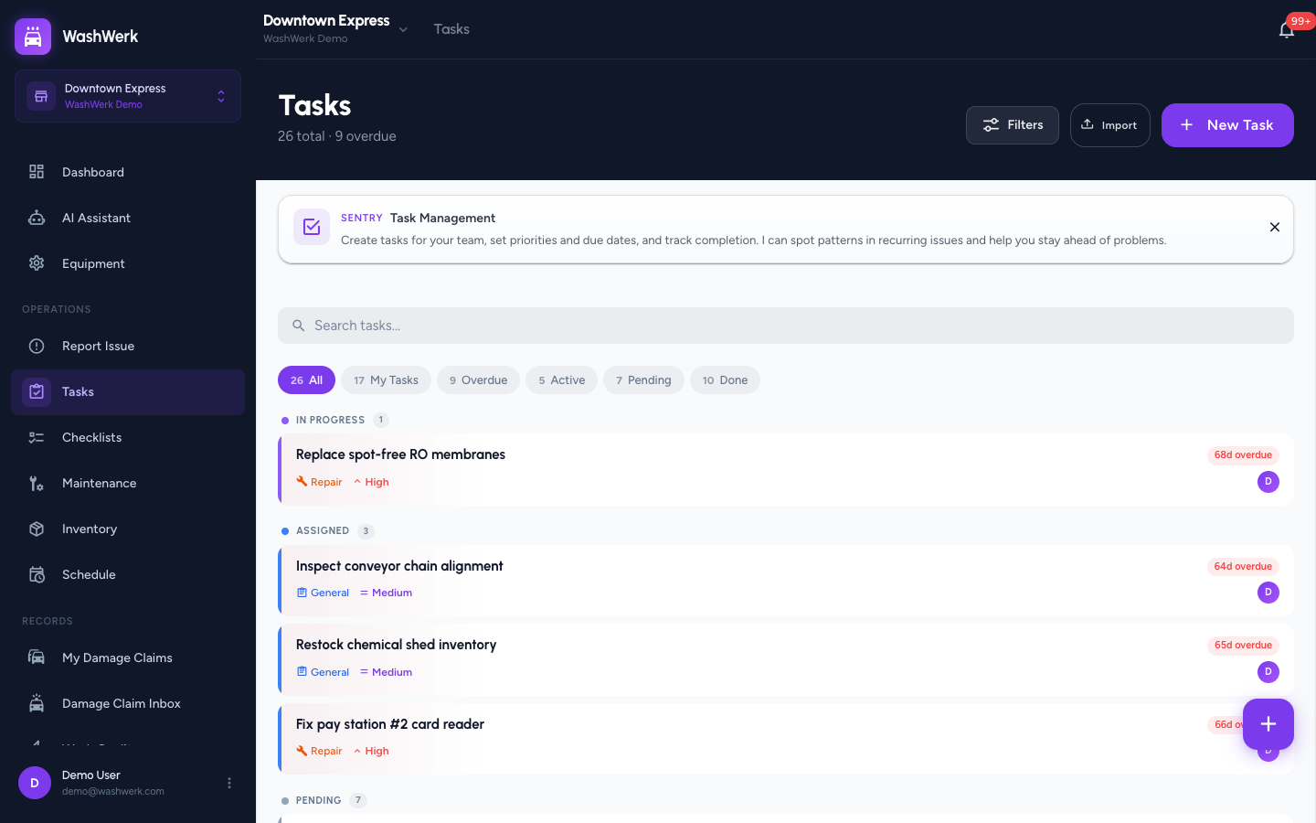 Task quick-filter chips with counts above the task list