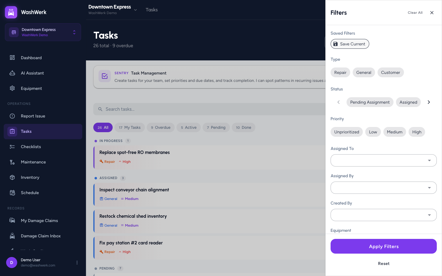 Advanced task filter drawer with type, status, and priority sections