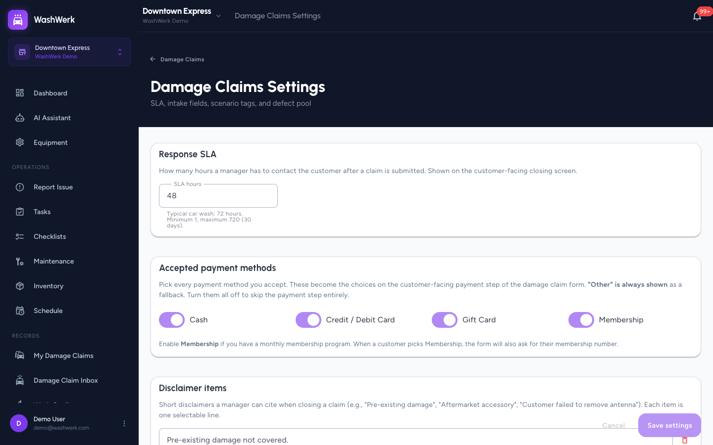 Accepted payment methods switches in damage claim settings