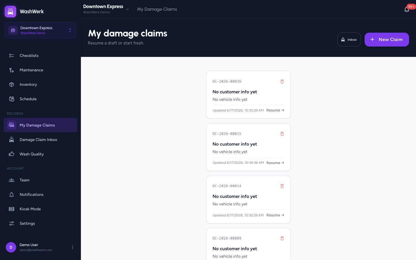 My damage claims list