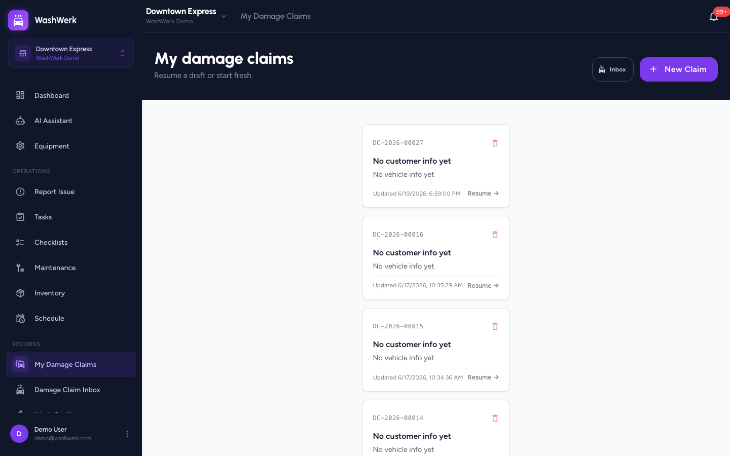 My damage claims list with the New Claim button