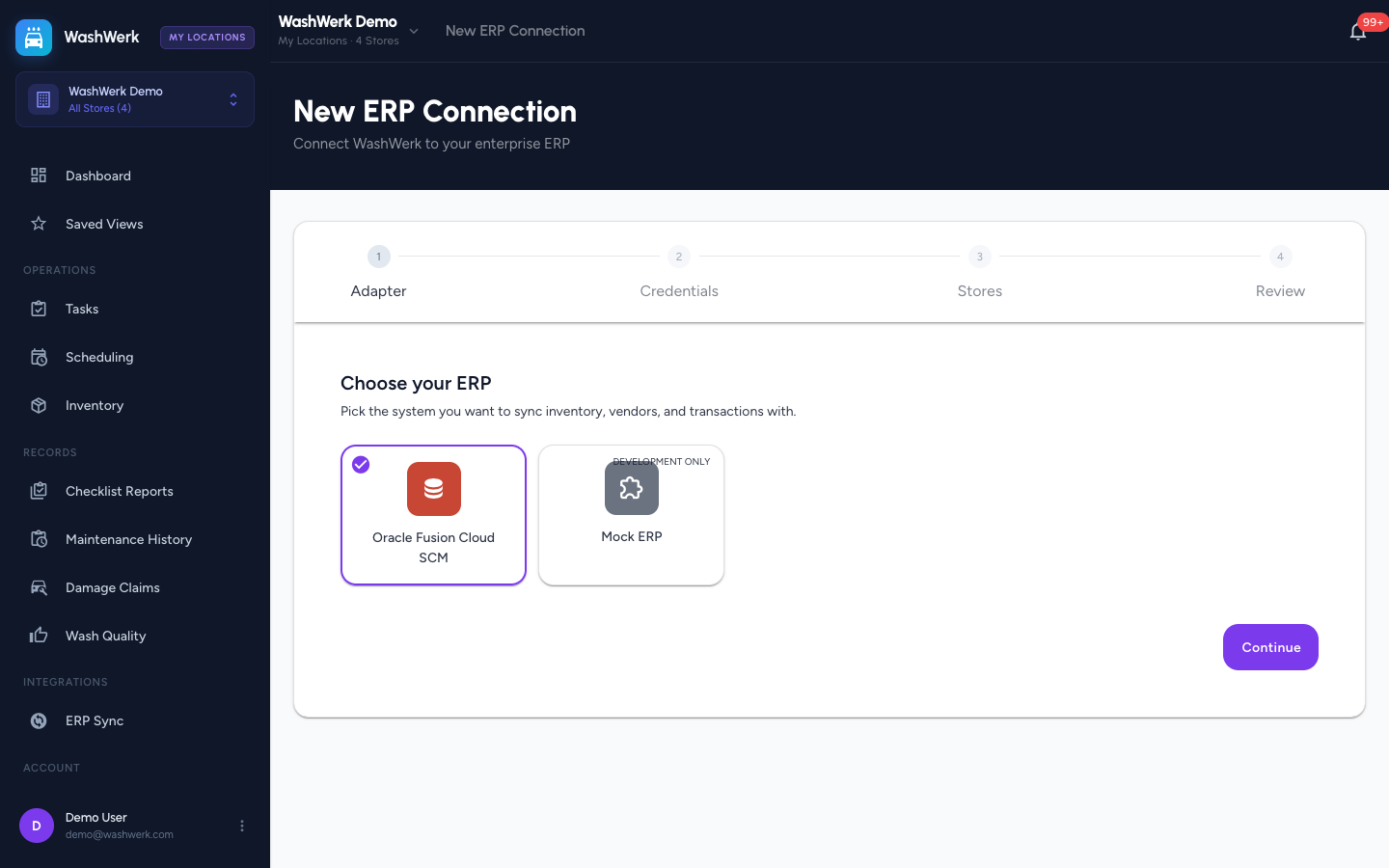 Setup step for choosing the ERP, with Oracle Fusion Cloud SCM selected