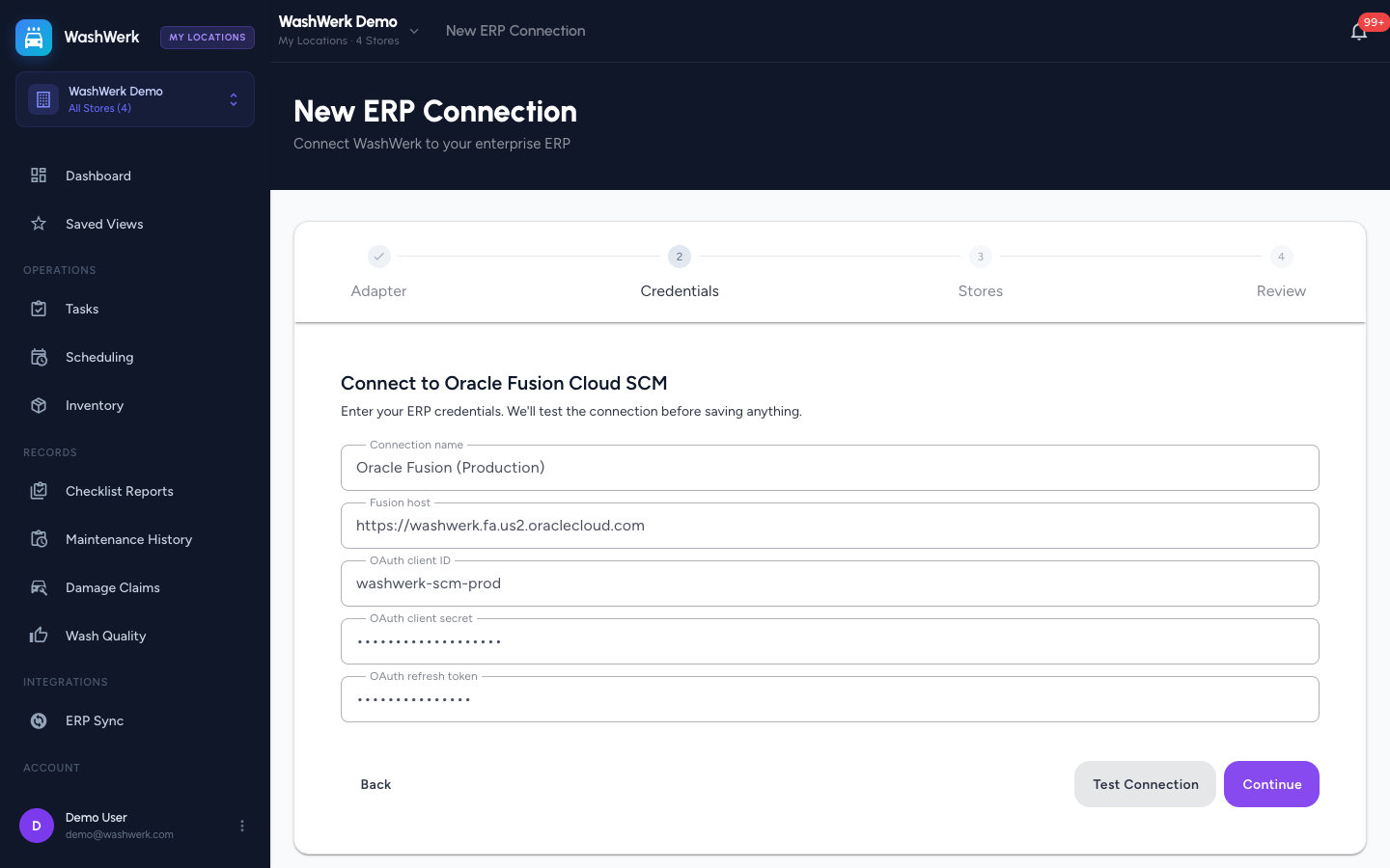 The sign-in details step: connection name, ERP web address, and access keys, with the Test Connection button