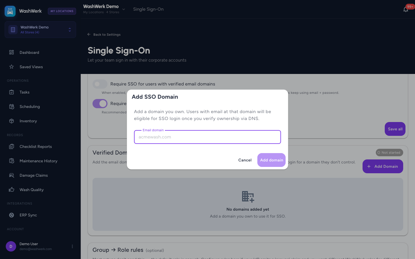 Add-domain window showing the DNS verification record to add