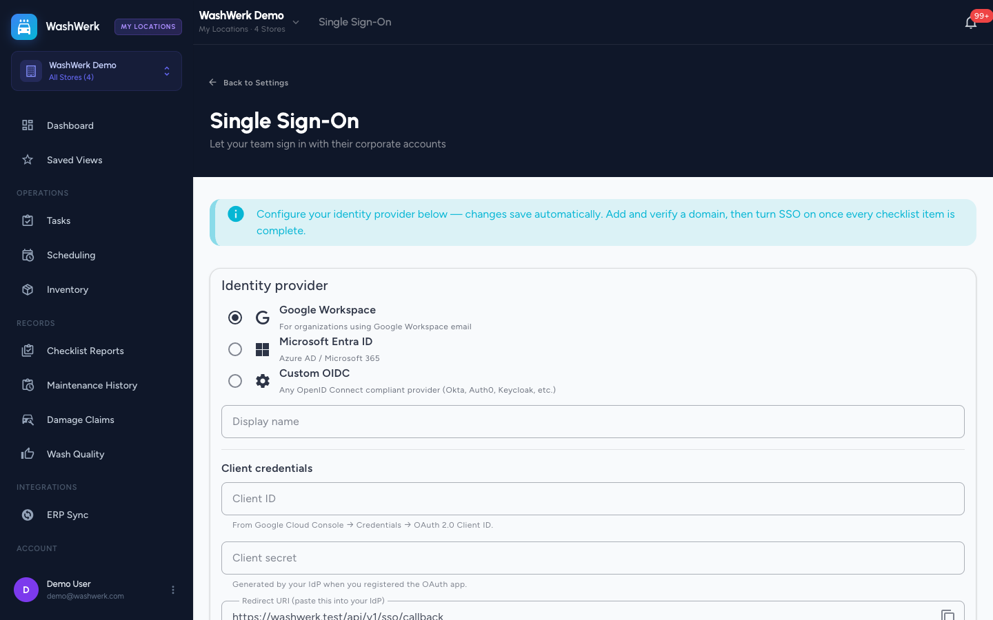 Activation section with a completed checklist and the SSO on/off switch