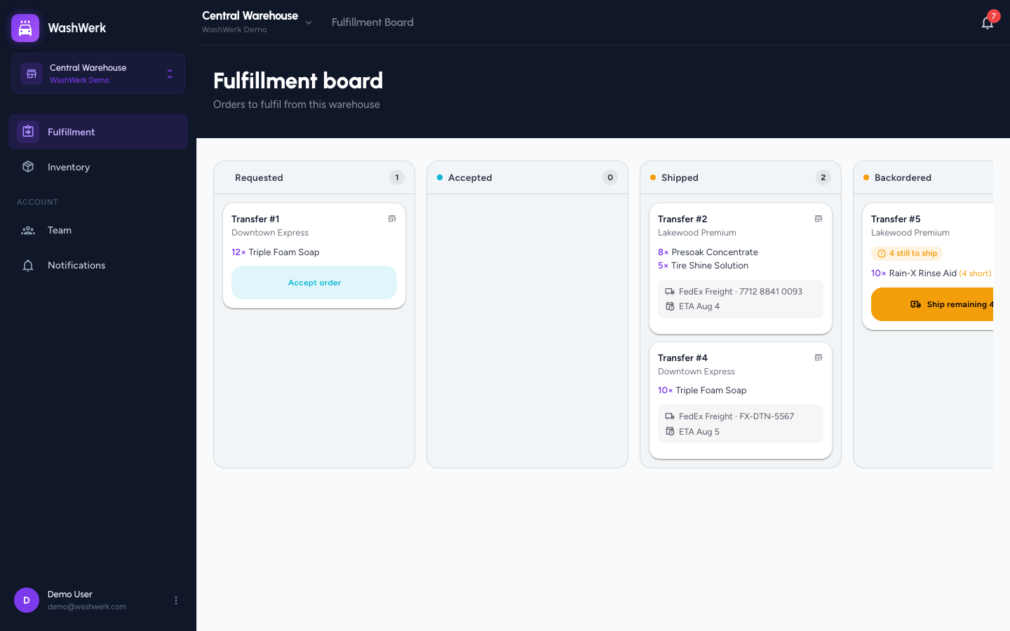 Warehouse fulfillment board with orders grouped into status columns