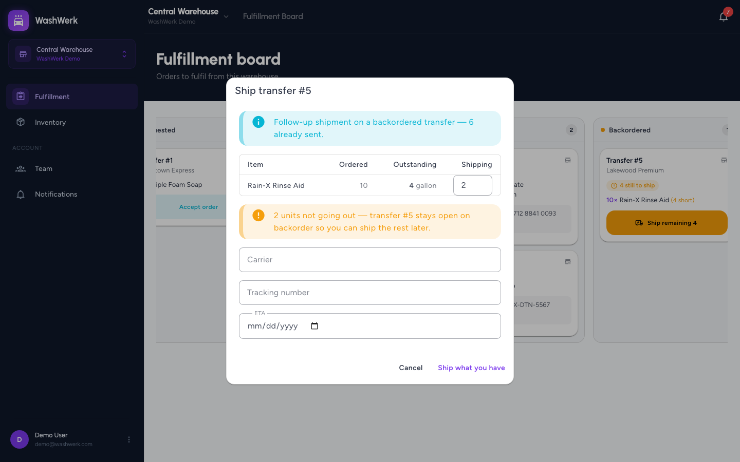 Ship dialog with per-line shipping quantities and a shortfall warning