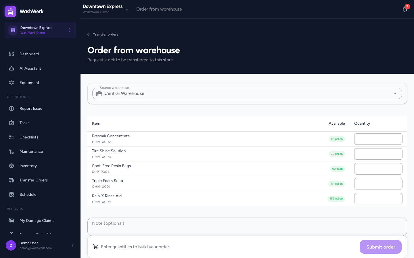 Source warehouse selector above the warehouse catalog list