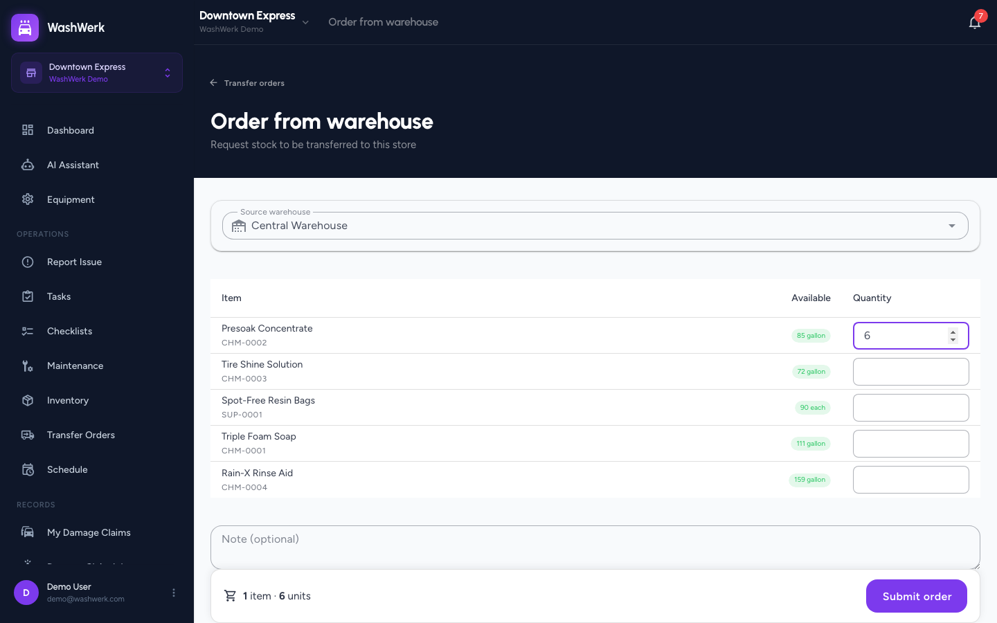 Order summary bar showing item and unit counts next to the Submit order button