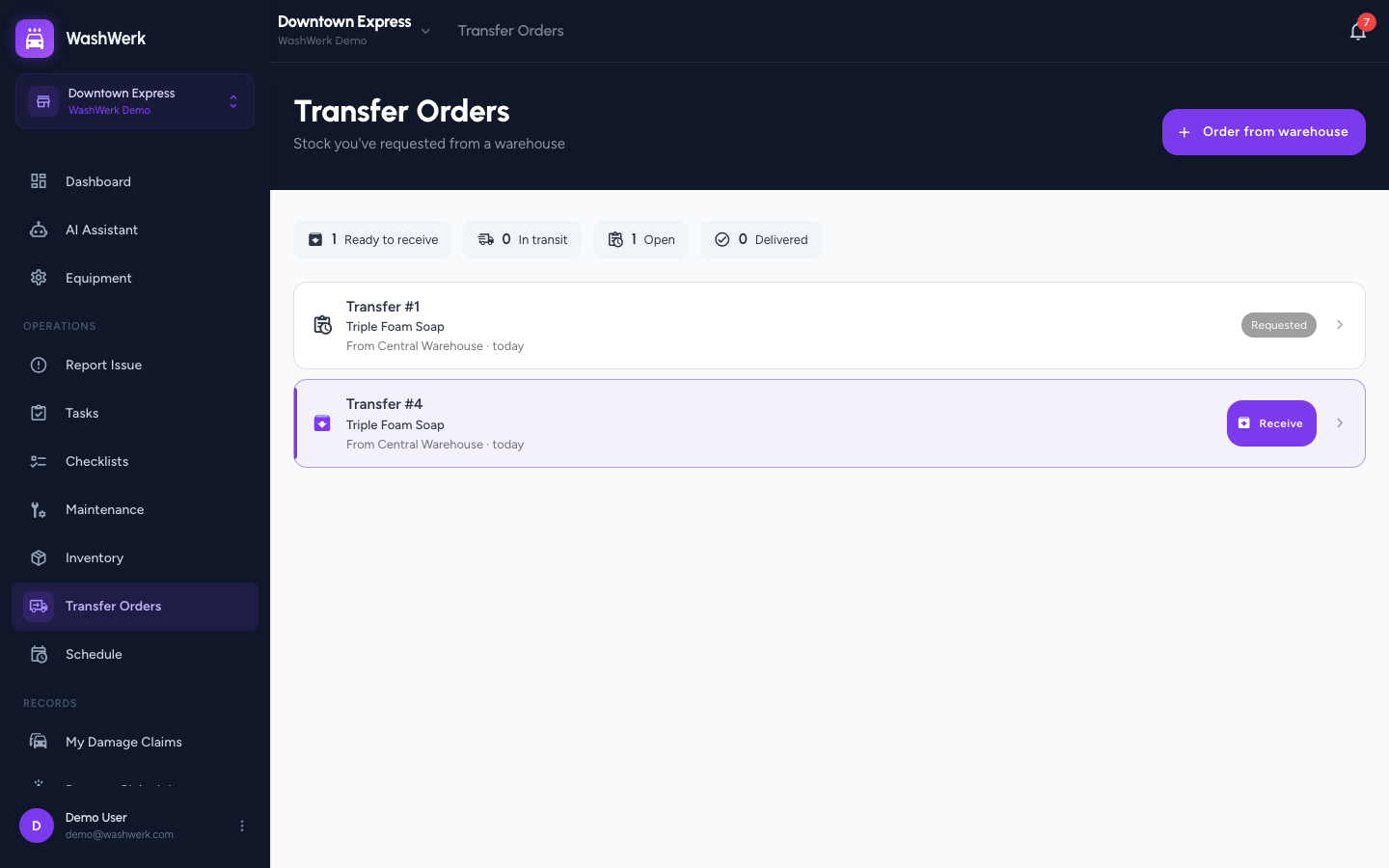 Transfer Orders list with the Receive button on an arriving order