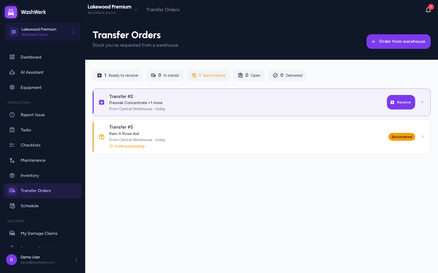 Backordered count filter above the Transfer Orders list
