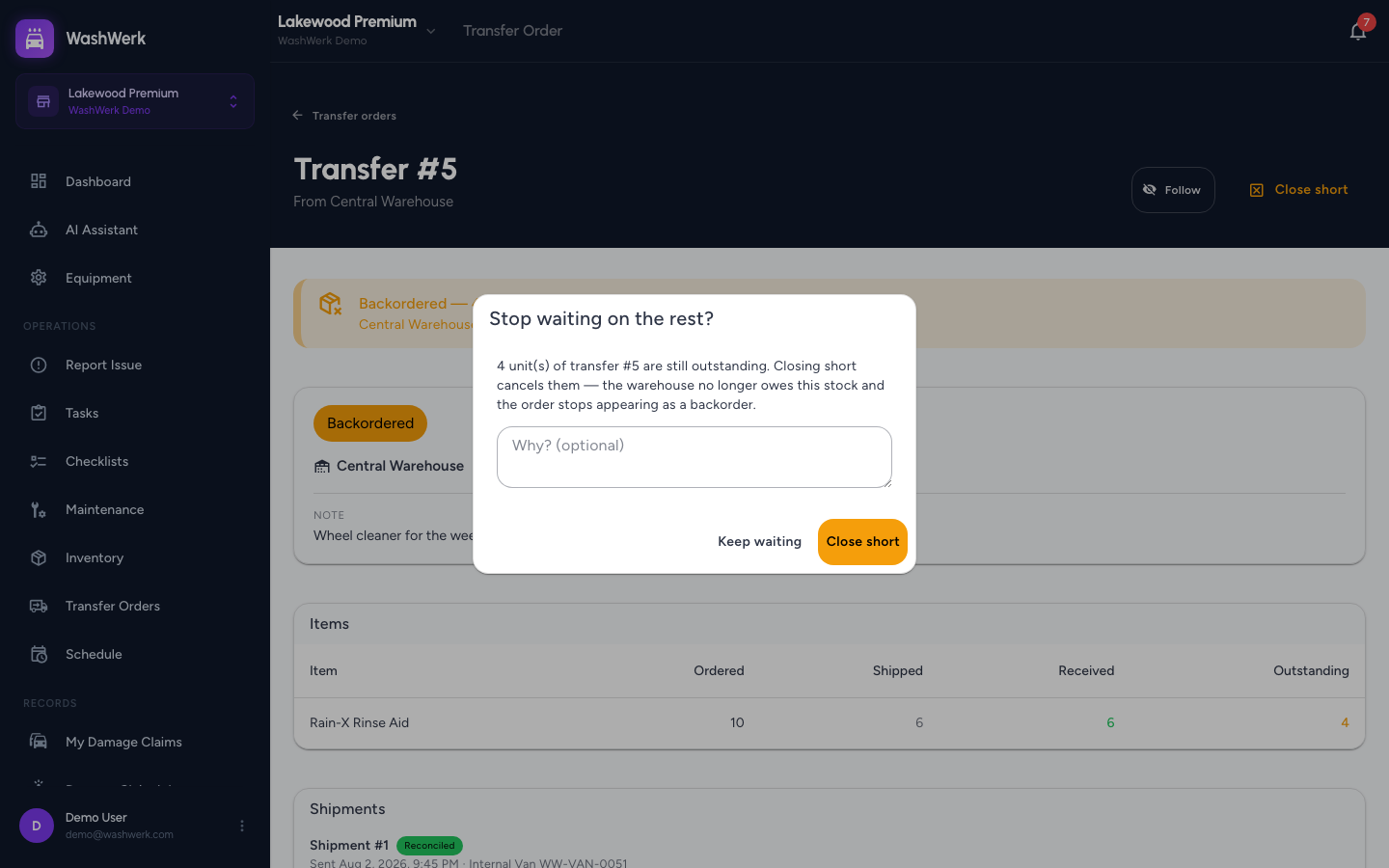 Close short confirmation dialog naming the outstanding units