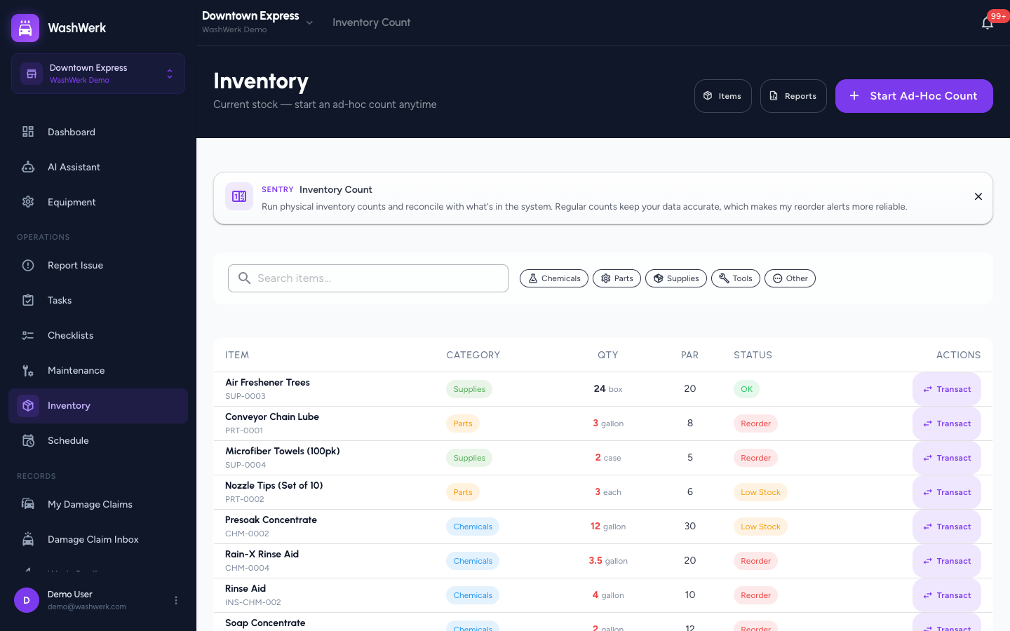 Active inventory count with item lines grouped by category