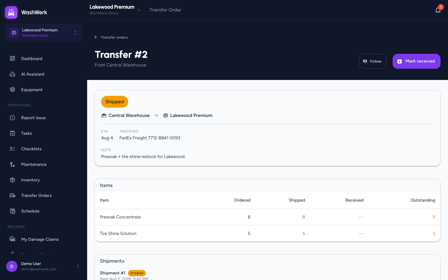 Transfer order detail page showing the items table and progress timeline