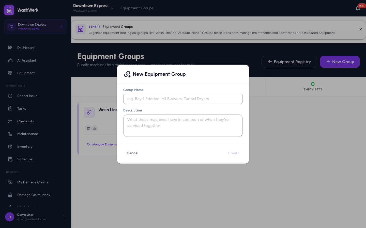 New equipment group dialog with name and description fields