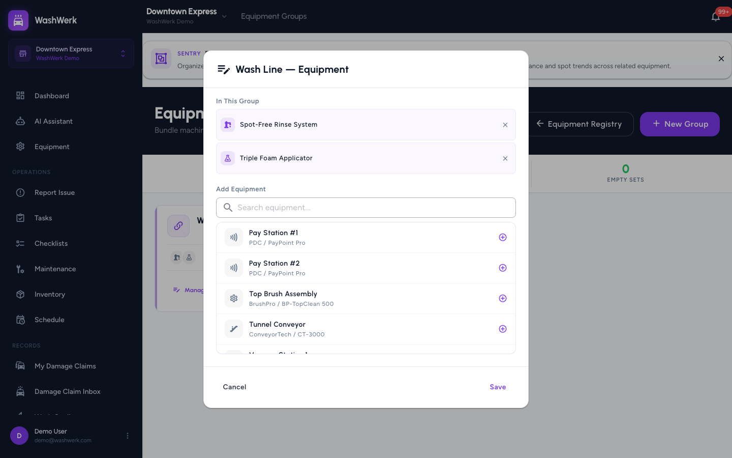 Manage equipment dialog assigning machines to a group