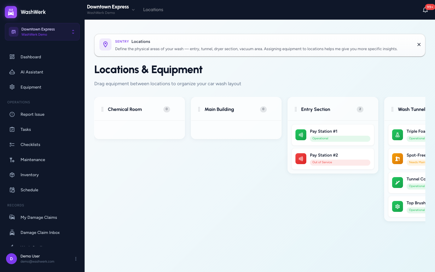 Locations board with columns for each physical zone and an Unassigned column