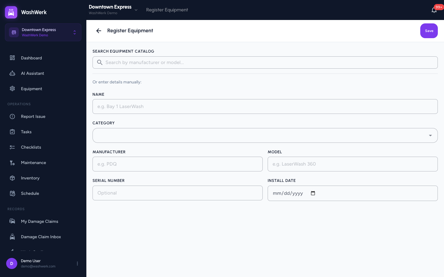 Equipment registration form with identity and technical fields