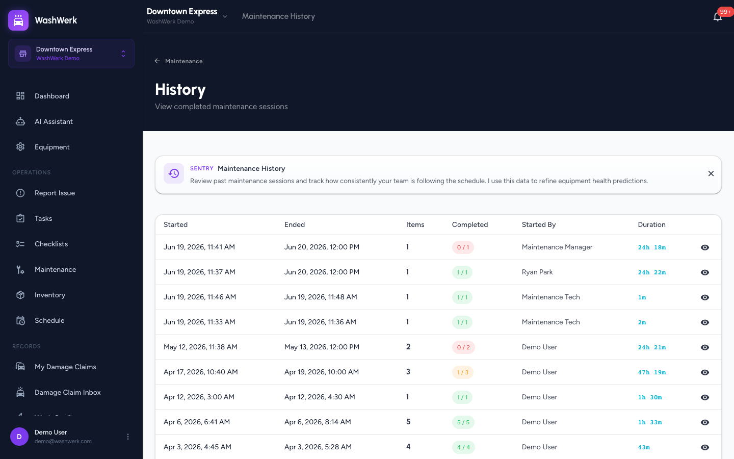 Maintenance history table of completed sessions with status and duration