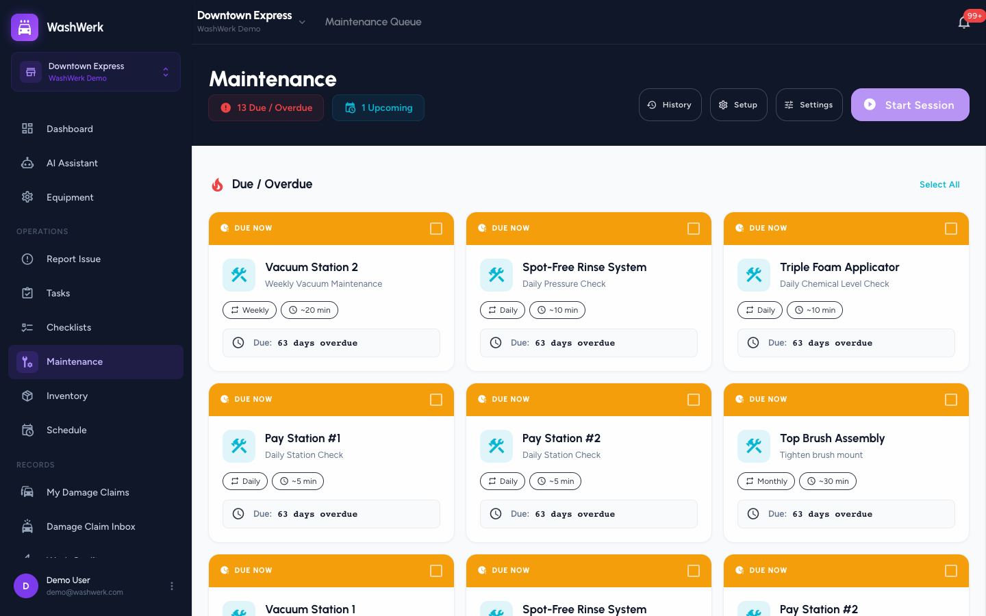 Selecting due procedures and starting a maintenance session