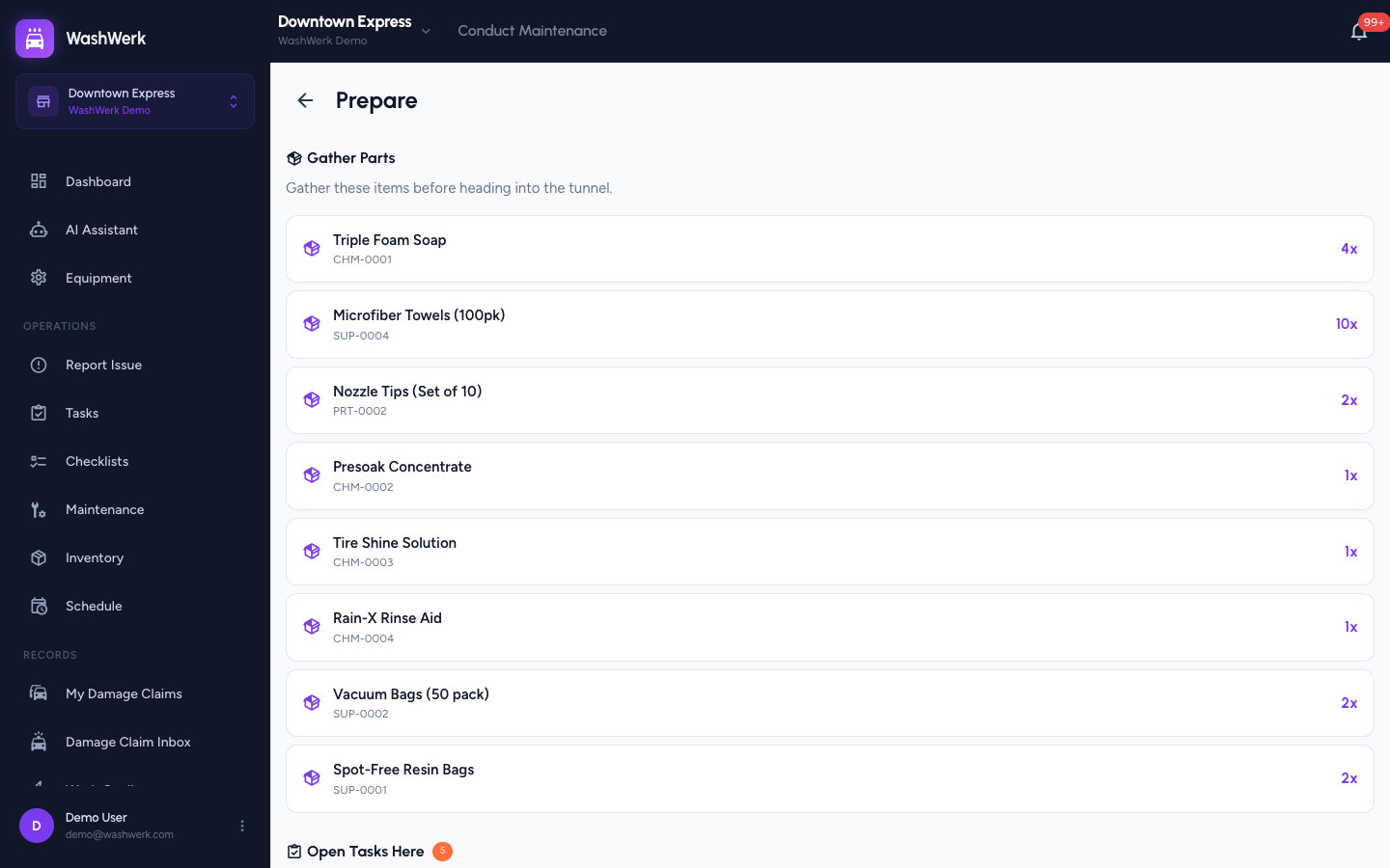 Maintenance session prepare phase listing parts to gather and existing open tasks