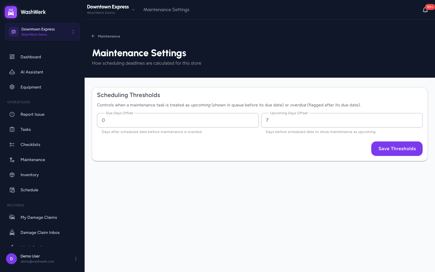 Maintenance scheduling thresholds for upcoming and overdue offsets