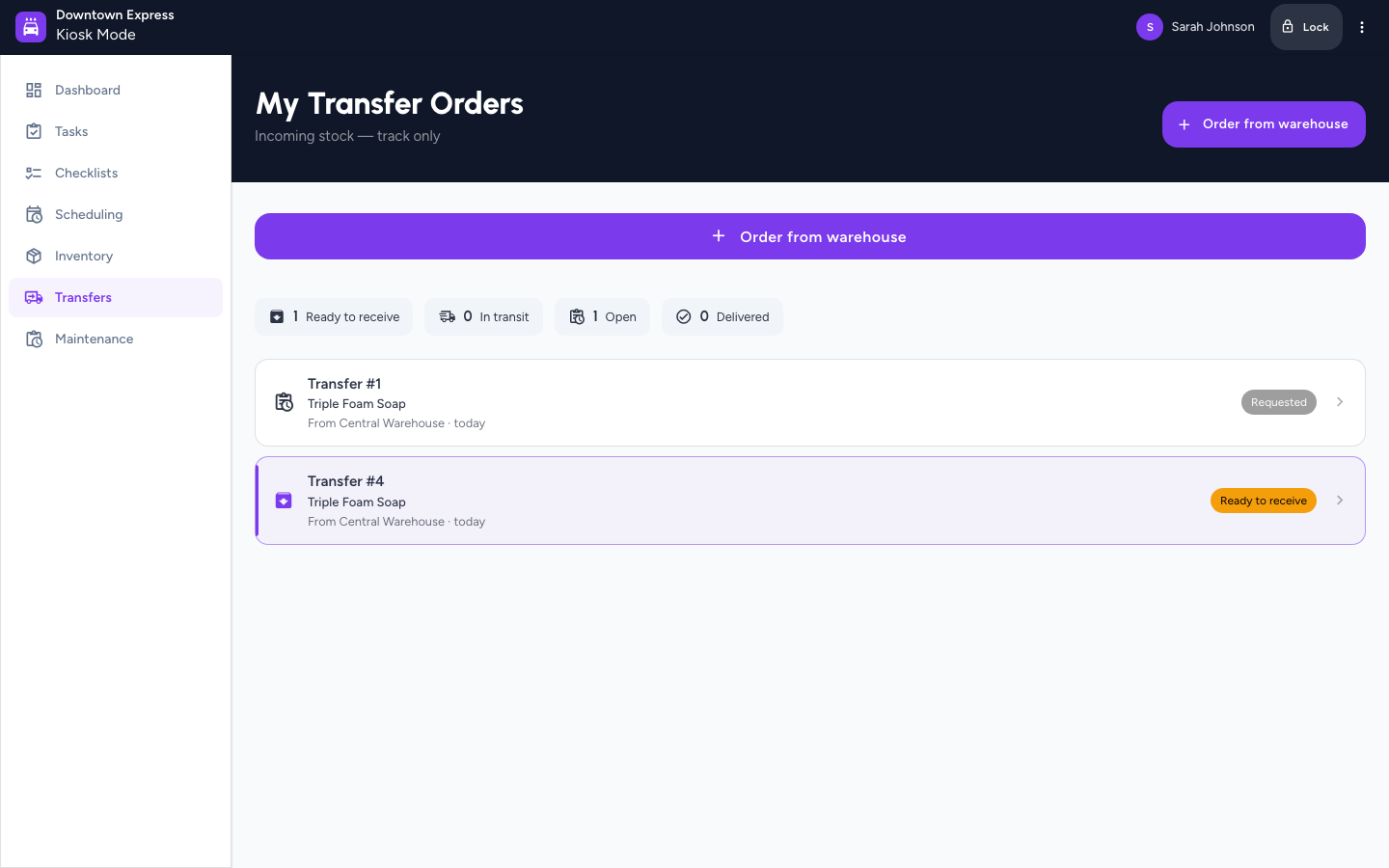 Kiosk Transfers screen with the Order from warehouse button
