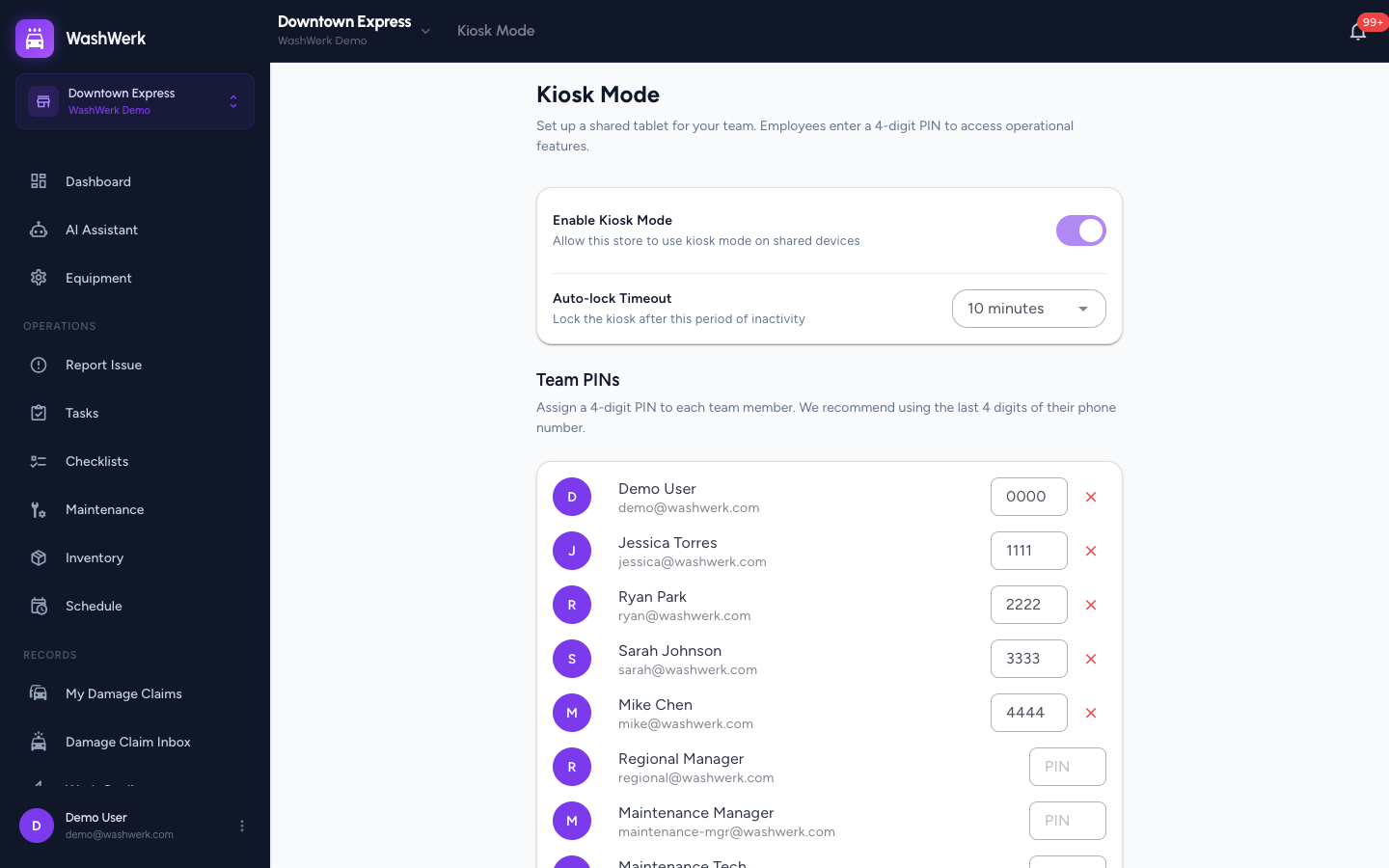 Kiosk Mode settings page open from the store sidebar