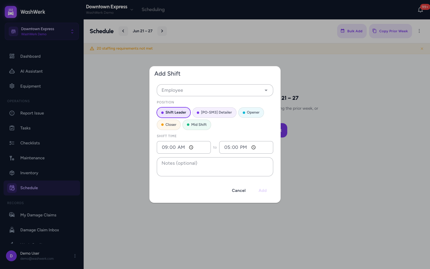 Add Shift dialog showing position, time, and notes fields