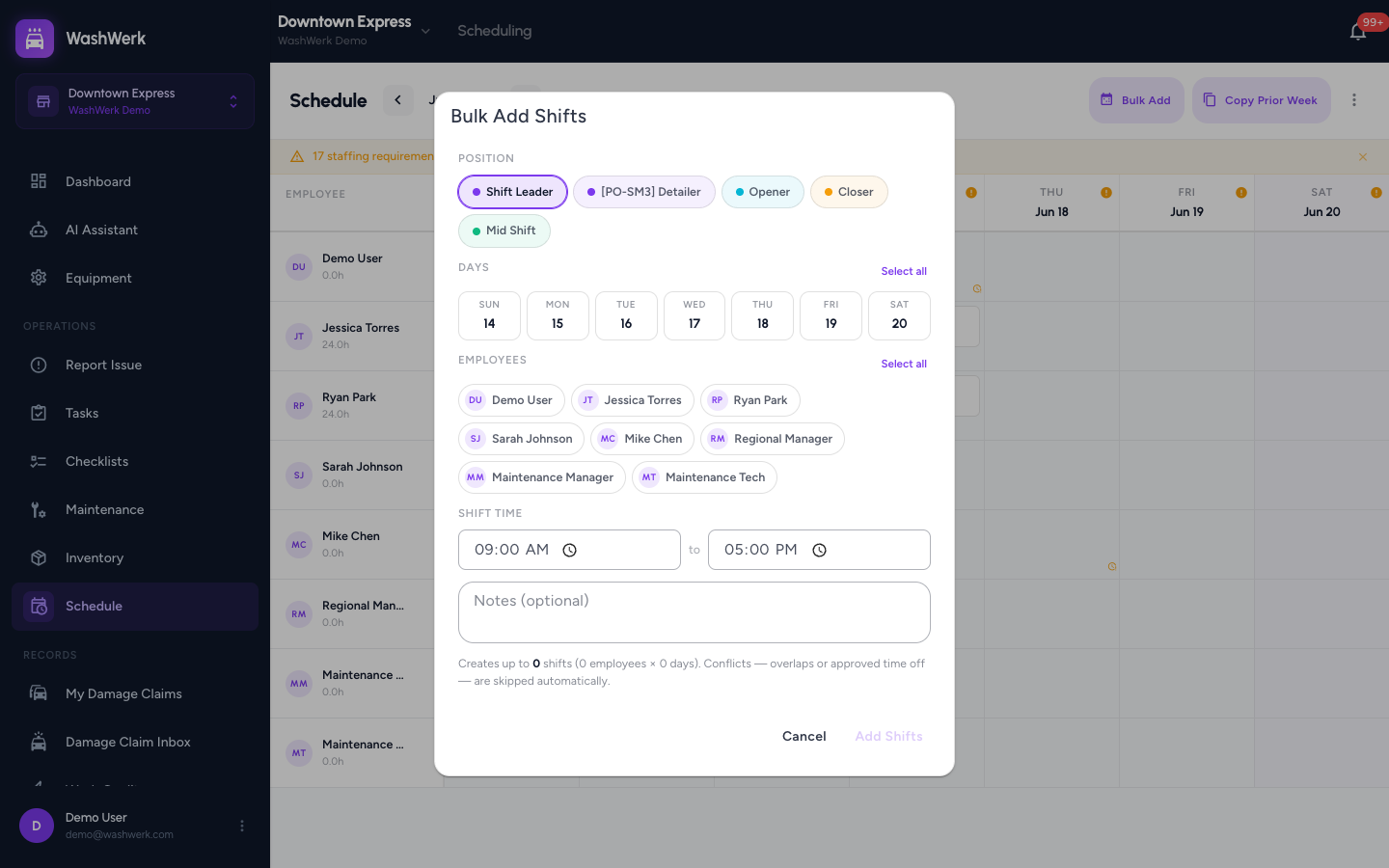 Bulk Add Shifts dialog with multiple days and employees selected