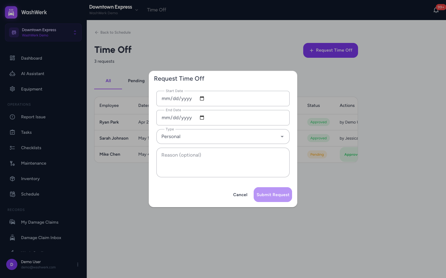 Request Time Off dialog with date range, type, and reason