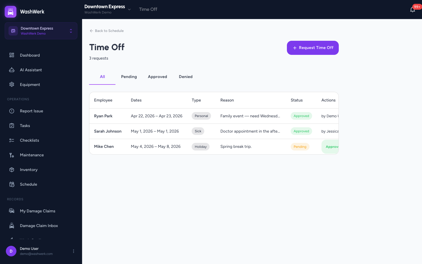 Pending time-off request with Approve and Deny actions