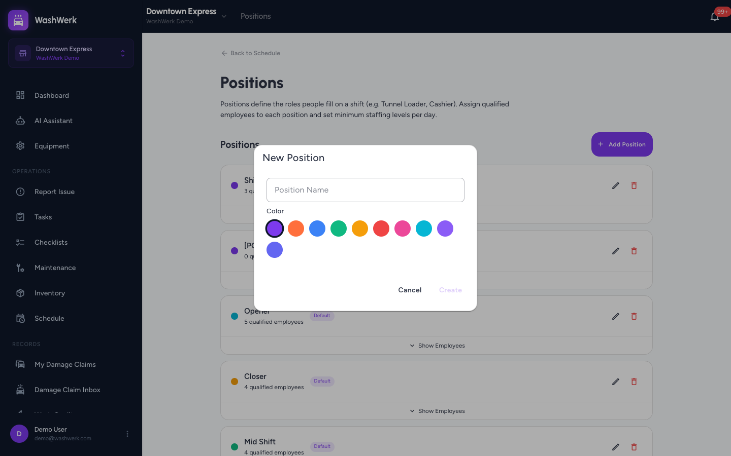 New Position dialog with name field and color swatches