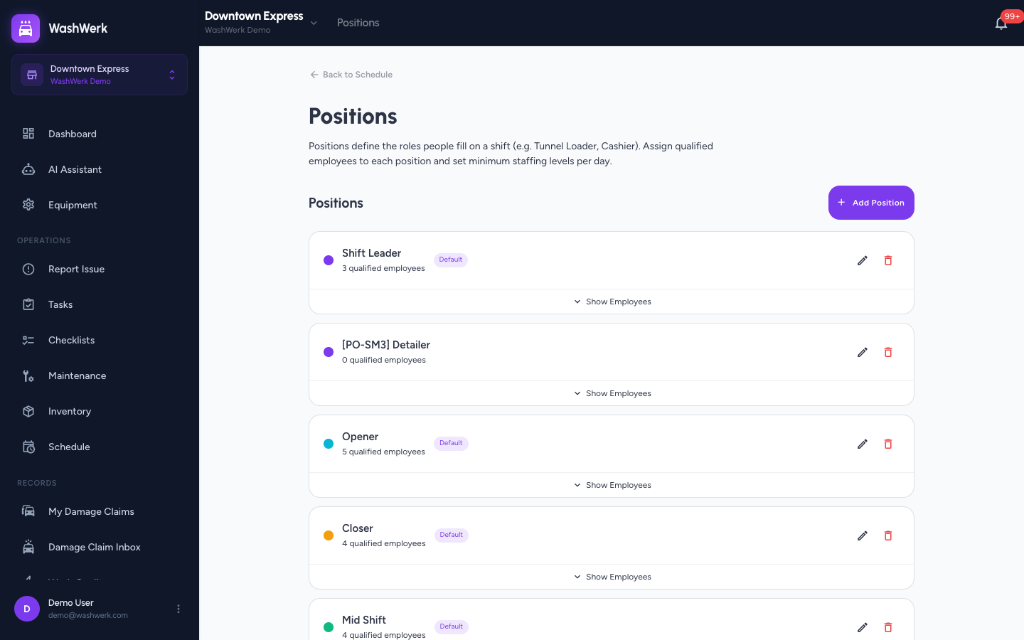 Expanded position card showing qualified employees and the add-employee search